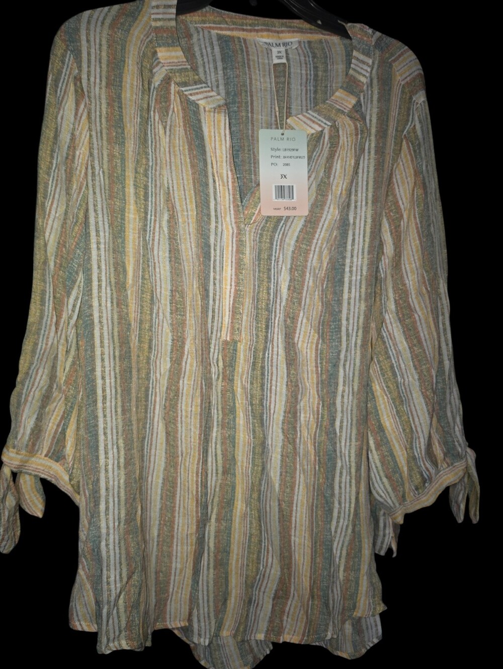 Palm Rio multi-colored striped V-neck tunic blouse with tie sleeves NWT